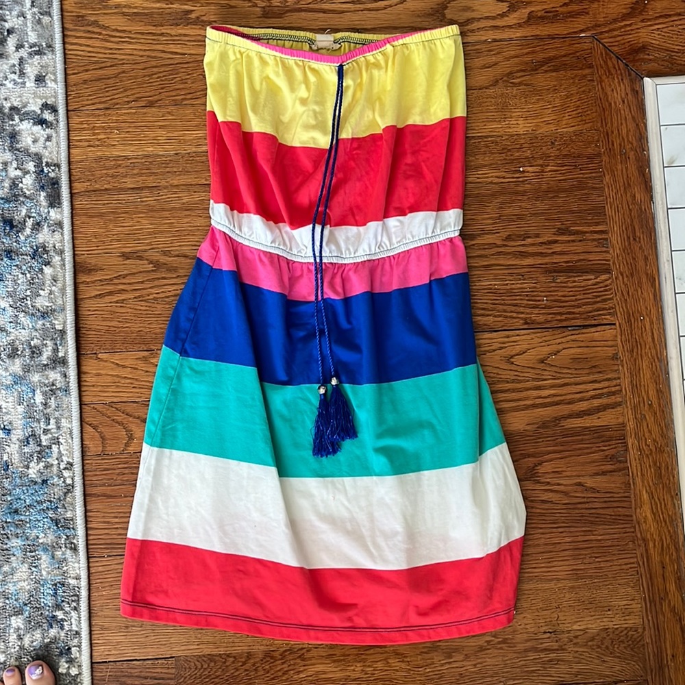 Colorful, strapless swimsuit cover up dress